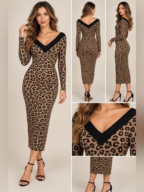 Hers & Mine Leopard Print Bodycon Midi Dress NWT Small Long Sleeve